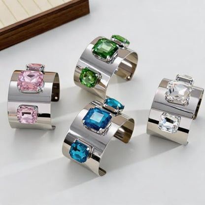Punk Square Crystal Open Bracelet for Women Fashion Wide Cuff Bangle Bracelets Shiny Rhinestone Rectangle Charm Bangle Geometric Statement Jewelry Gifts - color: Pink