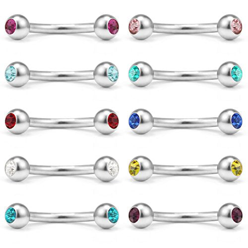 Ruifan 10PCS Mix Color Double Jeweled Diamond Curved Barbell Eyebrow Tragus Lip Ring 16g 8mm - color: Steel