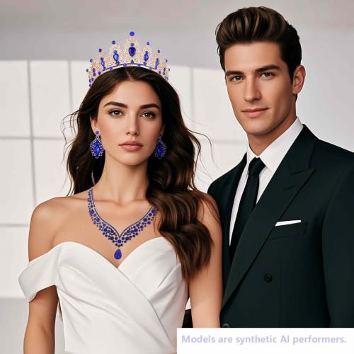 Kamirola Bridal Wedding Tiara Crown Jewelry Set for Women/Brides/Bridesmaids Crystal Jewelry Set for Wedding Prom Party Bridal Crystal Necklace Earrings Bracelet Set(TR60) - color: Gold Blue