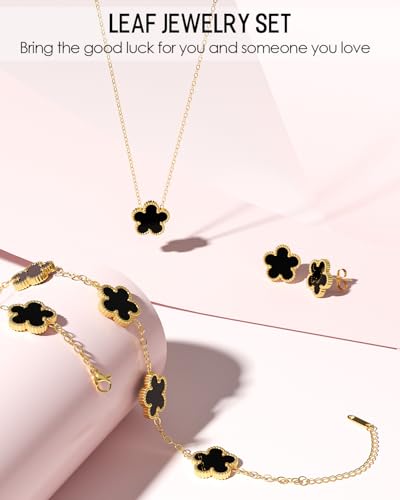 AICase Clover Jewelry Set,18K Gold Plated Lucky Clover Bracelet,Four Leaf Clover Necklace and Clover Earrings Fashion Jewelry Sets Gifts for Women/Mon - color: Black