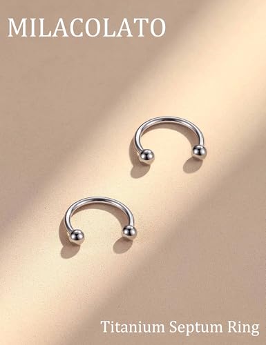MILACOLATO 2Pcs Implant Grade Titanium Septum Rings for Women Men 16G | G23 Solid Titanium Internally Threaded Horseshoe Circular Barbell Piercing Jewelry for Nose Lip Tragus Eyebrow Helix Daith - color: 2pcs-steel-16g/12mm