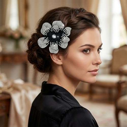 3.74 Inches Rhinestone Camellia Flower Brooch Pins & Hair Clips for Women Elegant Created Crystal Lapel Pin Brooches Wedding Party - color: Black & White