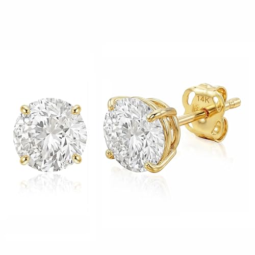 14k Gold Solitaire Round Cubic Zirconia Earrings Studs for Women & Men | Anti Tarnishing CZ Stud Earrings with 14k Gold Butterfly Pushbacks | 4MM-7.5MM by MAX + STONE - color: Yellow Gold, size: 7 mm
