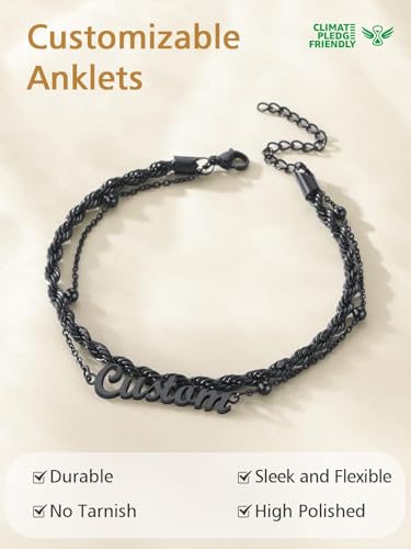 FindChic Custom Ankle Bracelets for Women, Stainless Steel Figaro/Cuban/Wheat/Rope/Herringbone Chain Anklets, Beach Foot Jewelry 8.5''-10.5'' Adjustable & Waterproof, with Gift Box - style: Rope Chain-Black