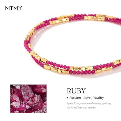 MTMY Beaded Gemstone Choker Necklace for Women | 14K Gold Plated, Colorful Natural Stone, Bead Chain, Boho Summer Beach, Handmade Jewelry - color: Ruby