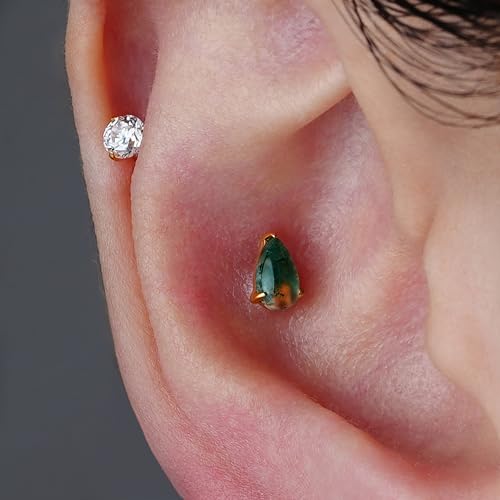 1PC ASTM F136 Titanium Piercing Jewelry for Tragus Conch Helix Flat Labret 18G 6mm 8mm, Cartilage Earring Flatback Stud - color: Moss Agate Drop - Gold