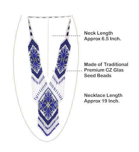 Long Beaded Necklace – Boho Native Handmade Seed Bead Tassel Necklace, Bohemian Large Statement Beaded Necklace for Women - color: White-Blue