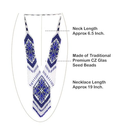 Long Beaded Necklace – Boho Native Handmade Seed Bead Tassel Necklace, Bohemian Large Statement Beaded Necklace for Women - color: White-Blue