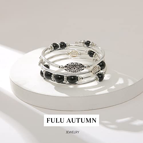 FULU AUTUMN Stackable Beaded Bracelets for Women Boho Wrap Silver Bracelet Layered Fashion Jewelry Gifts for Her - color: 17-Black
