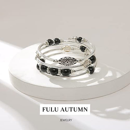 FULU AUTUMN Stackable Beaded Bracelets for Women Boho Wrap Silver Bracelet Layered Fashion Jewelry Gifts for Her - color: 17-Black