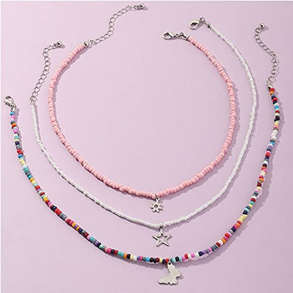 Handmade Multilayered Rainbow Colorful Beads Link Chain Moon Star Butterfly Pendant Choker Necklace Friendship Creative Beach Costume Jewelry for Women - color: butterfly