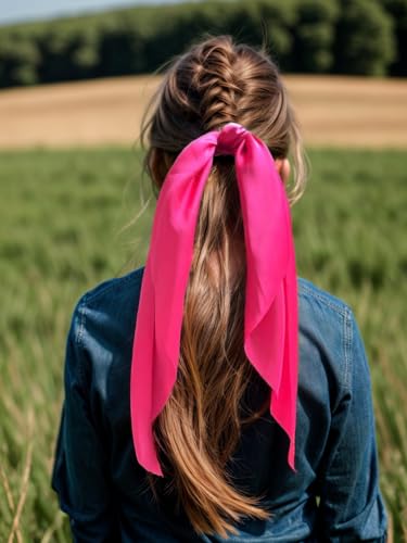 Pack of 2 Knotted Bow Hair Scrunchies Elastic Hair Scarf Black Hair Ties Bands Satin Hair Ribbon Scrunchy Red Ponytail Holder for Women and Girls, Hair Scarf Scrunchies, Hair Accessories Hair Bow - color: Hot pink