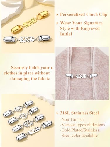 Custom4U Personalized Sweater Clips for Cardigans, Custom Name Initials Cinch Clip, Stainless Steel Dress Clips Back Cinch Shirt Clips for Women Clothing, Shawl Dress Shirts Cincher Small Brooch Jewelry Gifts - color: Steel Color-Old English Font