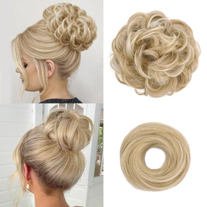 2PCS Messy Bun Hair Pieces Synthetic Hairpieces For Women Dirty Blonde | Messy Bun and Donut Bun in one set for natural-looking volume and elegant updos for every occasion. - color: Dirty Blonde