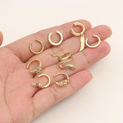 16 Pcs Ear Cuff Earrings for Women Non Piercing Gold Silver Plated Ear Cuffs Non Pierced Snake Leaf CZ Star Feather Waterdrop Chain Ears Cuff Wrap Earring Clip on Cartilage Helix Fake Earrings Lightweight Adjustable - color: Gold