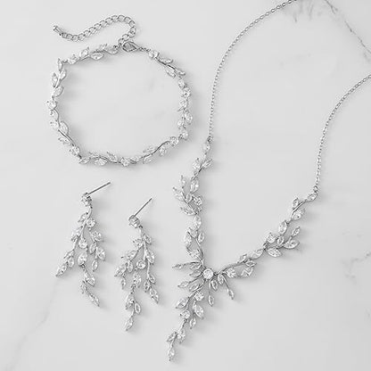 SWEETV Jewelry Set for Women, Cubic Zirconia Marquise Vine Cluster Bridal Earrings and Necklace Set, Bridal Jewelry Set for Wedding Prom - color: S11 Silver