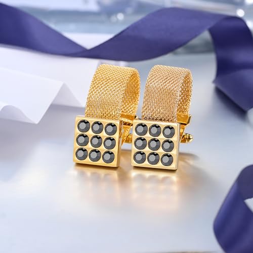 HAWSON Mens Cufflinks with Chain - Stone and Shiny Gold Tone Shirt Accessories - Party Gifts for Young Men - color: 24K Gold Color+Jat Black Crystal