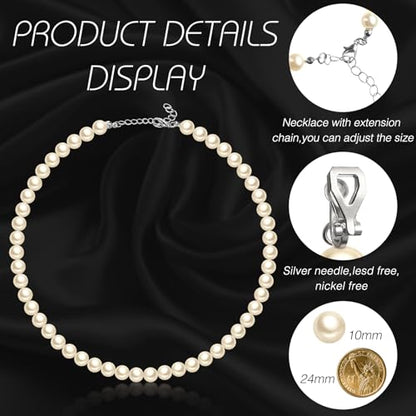 3 Pcs Pearl Jewelry Set Faux Pearl Clip on Earring Necklace Bracelet for Women Bridesmaid Birthday Wedding Gift - color: Beige, size: 10 mm