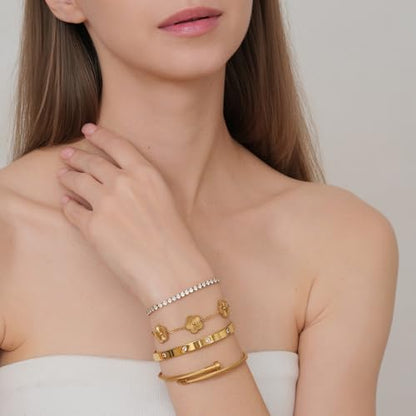 18K Gold Plated Stackable Love Bangle Bracelet Set for Women - 3 Pcs Stainless Steel Chain Bracelet Cubic Zirconia Tennis Bracelet Gold Bangle Set Gift for Wife - color: Black Floral Bracelet Set