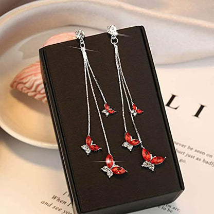 Temperament Crystal Butterfly Drop Dangle Earrings for Women Long Tassel Butterfly Stud Earrings - color: Red