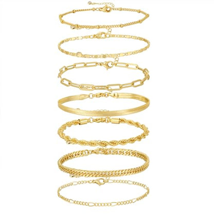Kyerlyn Gold Bracelets for Women Waterproof, 14K Real Gold Jewelry Sets for Women Trendy Dainty Stackable Cuban Link Paperclip Chain Bracelet Pack Fashion Accessories Gifts - style: G-3