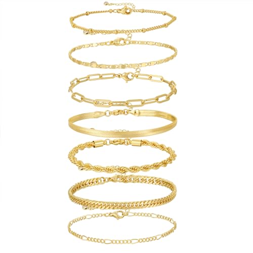 Kyerlyn Gold Bracelets for Women Waterproof, 14K Real Gold Jewelry Sets for Women Trendy Dainty Stackable Cuban Link Paperclip Chain Bracelet Pack Fashion Accessories Gifts - style: G-3