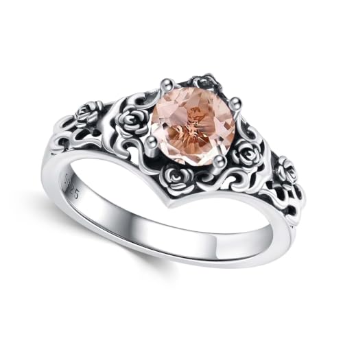 Vintage Rose Filigree 1 Carat Round Cut Genuine or Lab Grown Gemstone Statement Ring 925 Sterling Silver Birthstone Oxidized Anniversary Promise Ring for Women Gifts Size 5-18 - color: Morganite