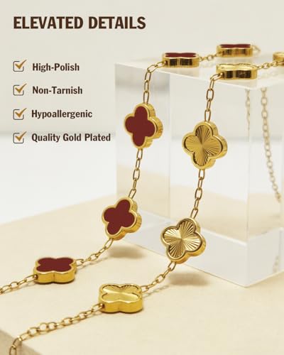 Four Leaf Clover Bracelet 18K Gold Plated Bracelets for Women Lucky Flower Design Stainless Steel Hypoallergenic Link Chain Adjustable Dainty Trendy Jewelry Gifts for Women - color: Gold+Red