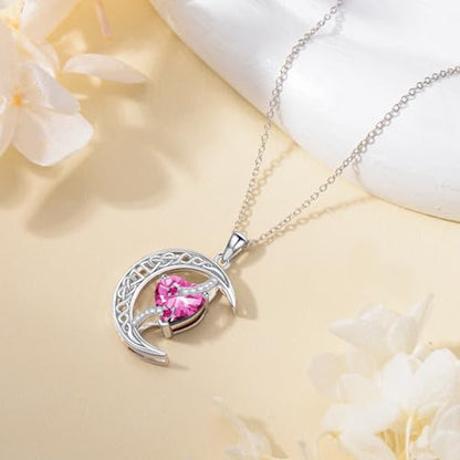 TOUPOP Moon and Star Birthstone Necklace for Women 925 Sterling Silver Celtic Moon Jewelry Birthday Mothers Day Gifts for Mom Wife Her - color: 10-October-Pink Tourmaline
