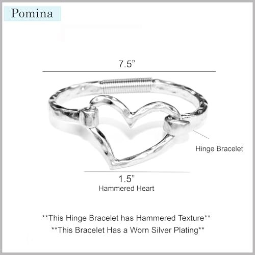 Chunky Geometric Heart Bangle Bracelet for Women, Hammered Worn Gold & Silver Tone, Unique Style Spring Tension Hook Cuff Fashion Jewelry Gift (Heart_WornSilver)