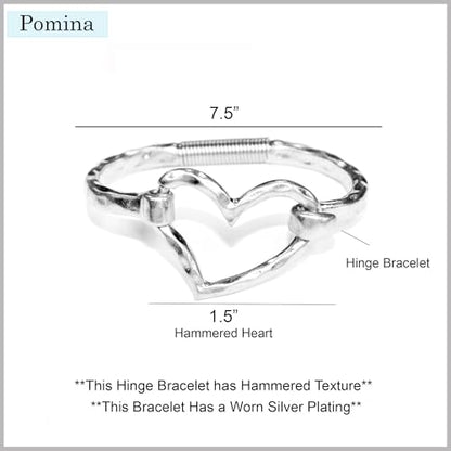 Chunky Geometric Heart Bangle Bracelet for Women, Hammered Worn Gold & Silver Tone, Unique Style Spring Tension Hook Cuff Fashion Jewelry Gift (Heart_WornSilver)