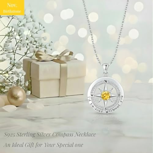 Compass Necklace for Women Wife Girlfriend Mom Daughter Gifts | S925 Silver Jewelry For Anniversary 18K Rose Gold Gifts For Birthday Christmas Mothers Valentines Day 12 Birthstones - style: 11-November-Silver