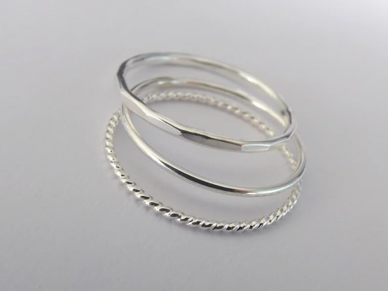 Solid 925 Sterling Silver Tone 3-Piece Stackable Set Smooth Hammered Twisted Texture Bands in Polished Handmade Women's Ring