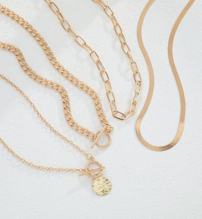 iF YOU Vintage Gold Layered Necklaces for Women Trendy, Chunky Cuban Link Paperclip Chains Necklace Stack, Coin Pendant Necklace Set Jewelry Gifts - style: 4-layer gold snake necklaces