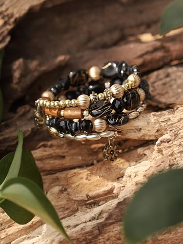MINACHI Summer Boho Retro Style Multilayer Wrap Irregular Beads with Golden Flower Charm Bracelets, Blue Tone, Ethnic Jewelry for Women - style: Bracelet R17-017