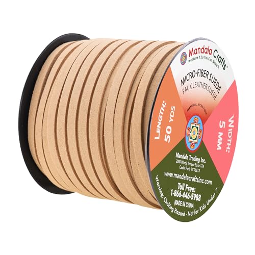 Mandala Crafts 5mm Beige Faux Suede Vegan Leather, Jewelry Making | 50 Yards Durable Flat Leather Strings, Laces & Strips for Bracelets, Necklaces, Braiding, Dream Catchers Supplies & Chokers - color: Beige, size: 5mm 50 Yards