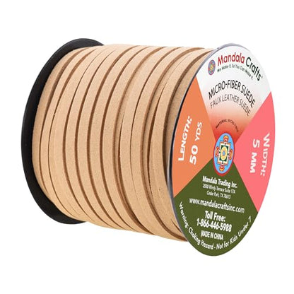 Mandala Crafts 5mm Beige Faux Suede Vegan Leather, Jewelry Making | 50 Yards Durable Flat Leather Strings, Laces & Strips for Bracelets, Necklaces, Braiding, Dream Catchers Supplies & Chokers - color: Beige, size: 5mm 50 Yards