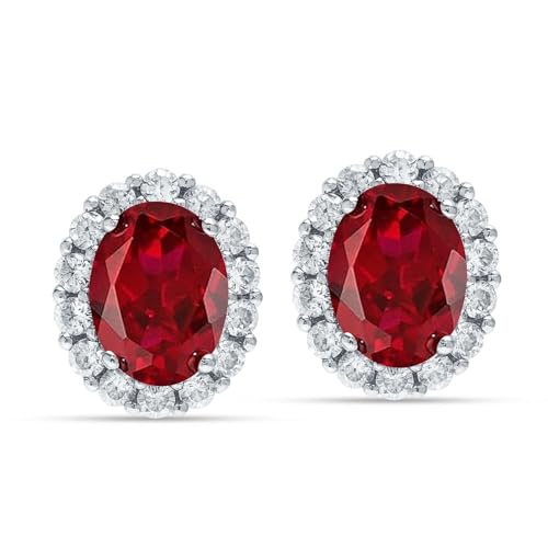LeCalla 925 Sterling Silver Cubic Zirconia Stud Earrings for Women | Classic CZ Silver Earrings Jewelry | Birthday Anniversary Valentine’s Day Gift for Her, Wife, Mom - color: Oval Halo CZ Ruby