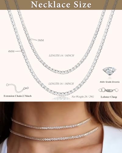 Double Layer Tennis Necklaces for Women - Dainty Gold and Silver CZ Tennis Necklace Simple Tennis Chain Sparkly CZ Choker Necklaces for Women Trendy Silver Jewelry - color: Silver, style: 14inch/3mm & 16inch/4mm