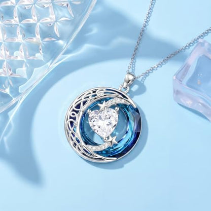 Birthstone Necklace for Women Crystal Moon and Star Pendant White Gold Celtic Moon Jewelry Birthday Graduation Gifts for Wife Her - style: Moon-4