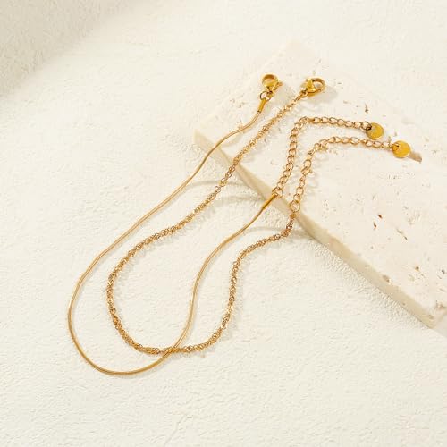 Gold Plated Ankle Bracelets For Women Waterproof,18k Gold Plated Anklets Layered Thin Snake Chain Herringbone Anklets Non Tarnish Stainless Steel Dainty Summer Jewelry Set Gift For Women - color: GOLD-2601