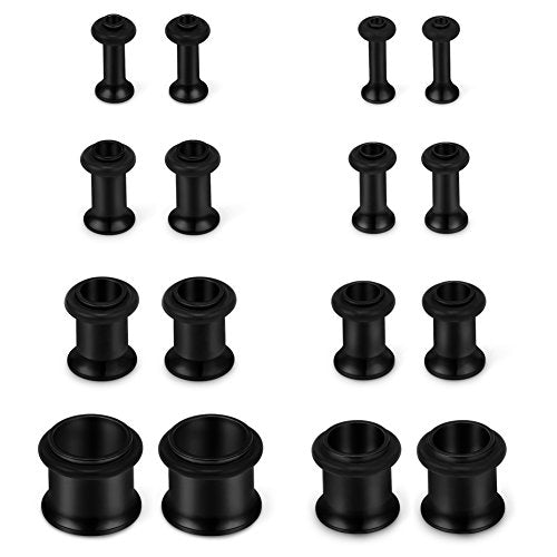 SCERRING 16PCS Ear Tunnels Stretching Kit Stainless Steel Gauge Plugs Set Single Flared Expanders 12G-00G (2mm-10mm) - color: 8Pairs - Black