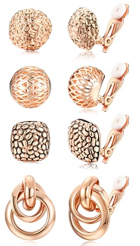 ORAZIO 4Pairs Clip On Earrings for Women Gold Silver Clip On Hoop Earrings Chunky Teardrop Clip Earrings Twist Round Clip On Stud Earrings No Piercing Fake Earrings Set - color: Rose Gold