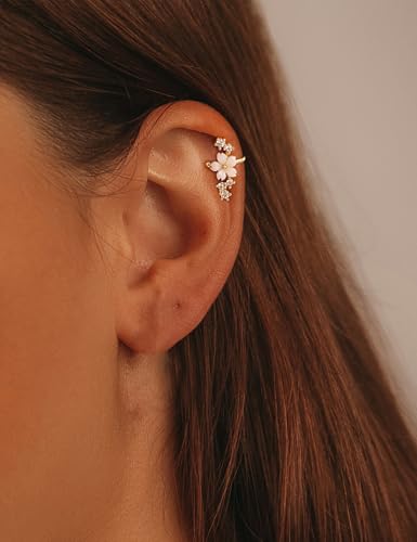 Carffordo 3Pcs Ear Cuffs Non Piercing for Women, Dainty Clip on Earrings | Trendy 14K Gold Plated Ear Cuff with Cubic Zirconia, Fake Piercing Cartilage Earrings, Lightweight Jewelry for Daily Wear - color: 1pair-flower