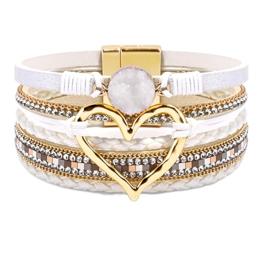 VIBILIA Boho Leather Wrap Bracelets for Women Multi-Layer Bracelets | With Strong Clasp Jewelry for Women - color: 01-Heart-White