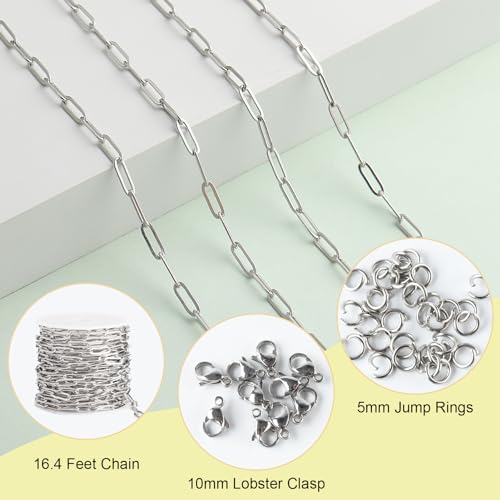 SMYHTGLIF 5 Meters Flat Paperclip Stainless Steel Jewelry Making Chains | Silver Chain for Jewelry Making Craft Necklace Bracelet Chain DIY Jewelry Making Findings - color: Silver, size: 4×12mm
