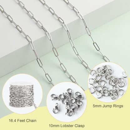 SMYHTGLIF 5 Meters Flat Paperclip Stainless Steel Jewelry Making Chains | Silver Chain for Jewelry Making Craft Necklace Bracelet Chain DIY Jewelry Making Findings - color: Silver, size: 4×12mm