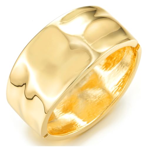 COOLSTEELANDBEYOND Gold-Tone Hammered Cuff Bracelet for Women, Wide Polished Bangle Bracelet, Modern Statement Jewelry