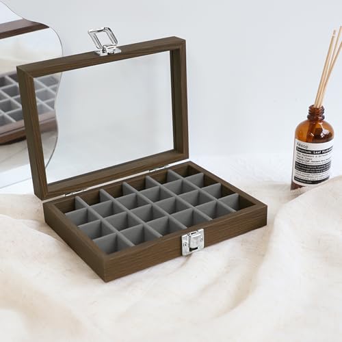 Wudygirl 24 Grid Earring Organizer Small Jewelry Box with Lid WoodGray | Ring Box with Adjustable Dividers, Velvet Lining, Ideal for Rings, Earrings, Jewelry Display, Gift Giving - style: Wood Gray 24 Grid