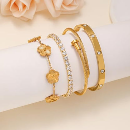 Gold Bracelets for Women, 18K Gold Plated Women Tennis Bracelets Clover Nail Love Bangle Bracelet Set, Gold Bracelet Stackable Set Trendy Jewelry, Gifts for Women's Day and Mother's Day - color: 06-Color-gold